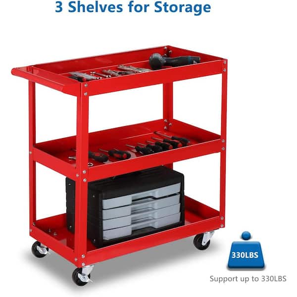 Tileon Red Tool Cart on Wheels, 3-Tier Rolling Mechanic Tool Cart, Heavy-Duty Steel Utility Cart with Lockable Wheels