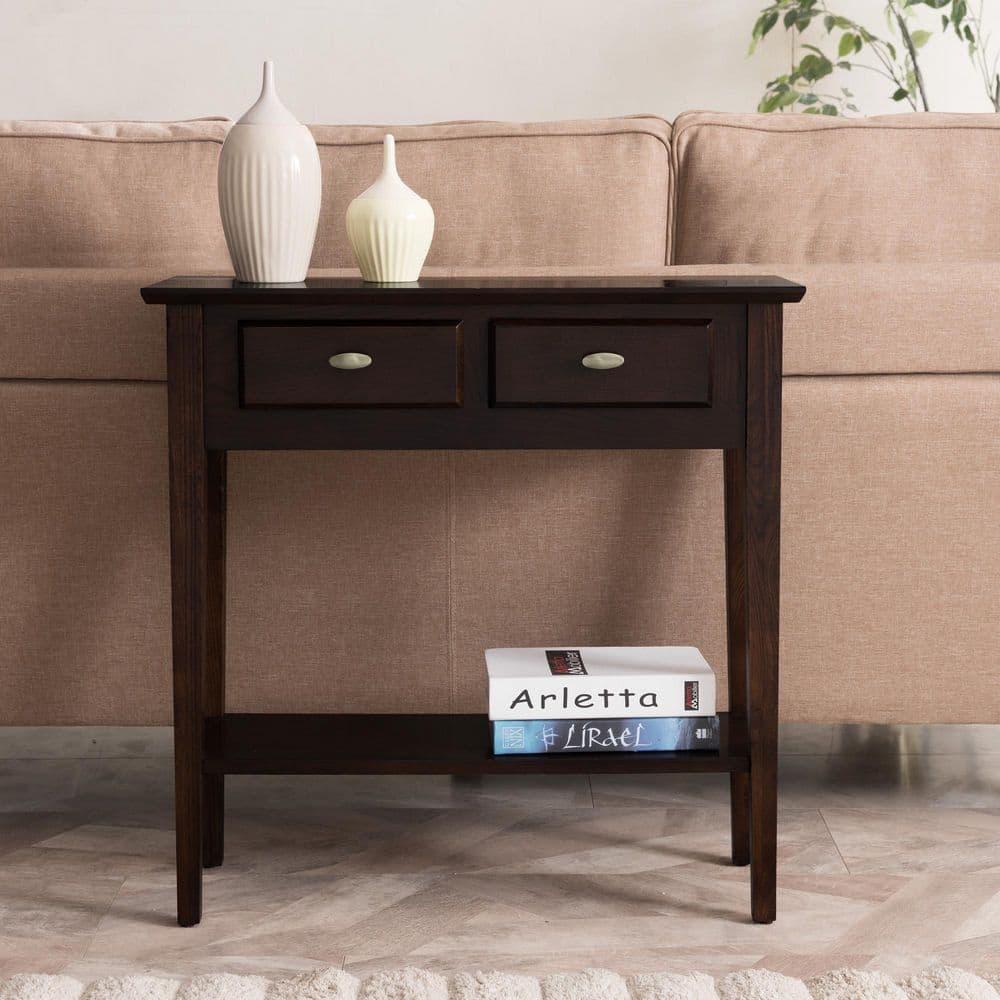 Chocolate Oak Slim Hall Console Table with Storage