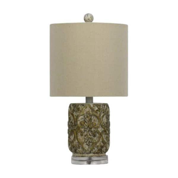 19 in. Antique Gold/Cream Cast Deco Design Column Table Lamp with Designer Shade