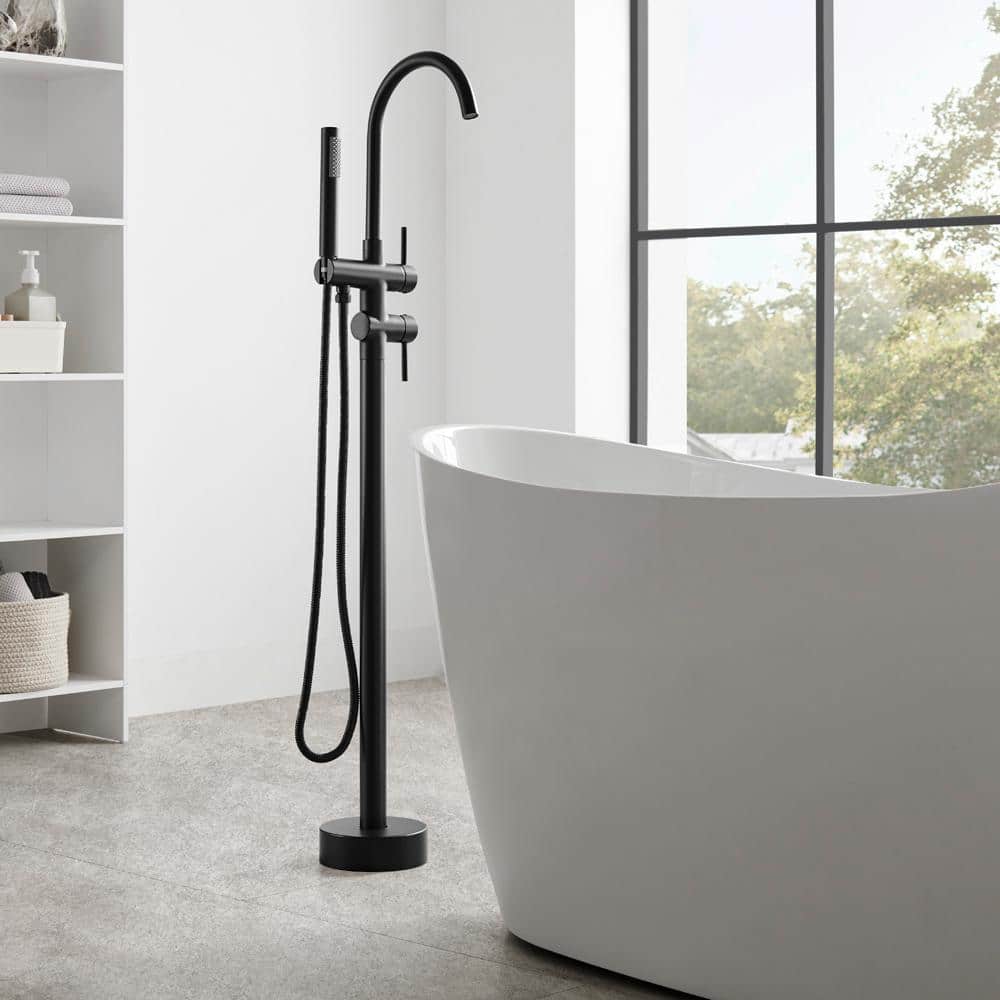 Matte Black Stainless Steel Freestanding Tub Filler with Hand Shower