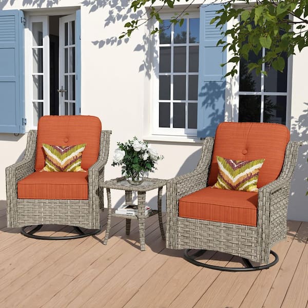 NaturaNest 3 Pieces Wicker Outdoor Rocking Chair Set with Orange Red Cushions