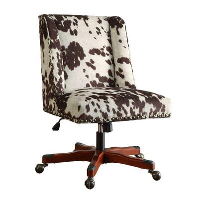 36.25 inches H Brown and White Height Adjustable Swivel Office Chair with Wood Base