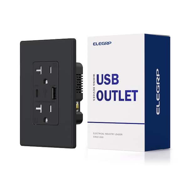ELEGRP 21W USB Wall Outlet with Type A and Type C USB Ports, 20 Amp Tamper Resistant, with Screwless Wall Plate,Black (1 Pack)