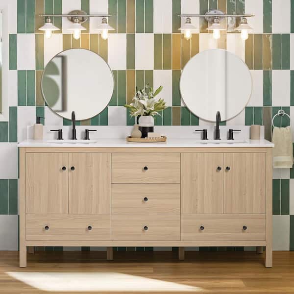 Rory 72 in. Double Sink Freestanding Bathroom Vanity in White Oak with White Engineered Marble Top (Assembled)