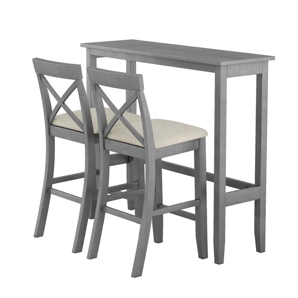 Gray 3-Piece Wood 48 in. Rectangular Bar Height Outdoor Dining Set with 2 C
