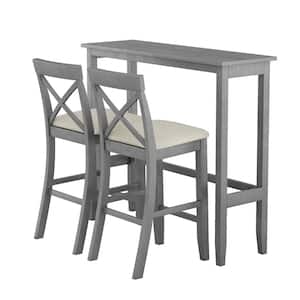 Gray 3-Piece Wood 48 in. Rectangular Bar Height Outdoor Dining Set with 2 Chairs for Small Places and Beige Cushions