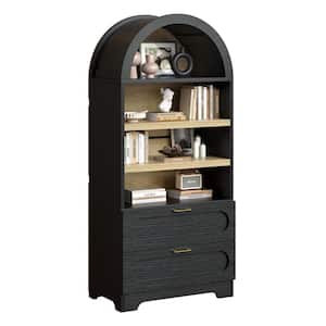 Farmhouse 71 in. Tall Manufactured Wood 2-Shelf Arched Bookcase in Black with 2-Drawer Base and Adjustable Shelves