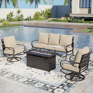 Black Metal Slatted 4-Piece 5 Seat Steel Outdoor Fire Pit Patio Set with Beige Cushions and Rectangular Fire Pit Table