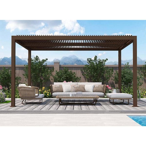 PURPLE LEAF 11 ft. x 14 ft. Bronze Aluminum Outdoor Louvered Pergola with Adjustable Canopy Retractable Hardtop Gazebo Sun Shade