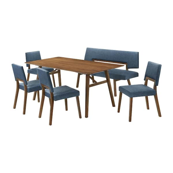 Armen Living Channell 6-Piece Rectangle Wood Top Blue Dining Set with Bench