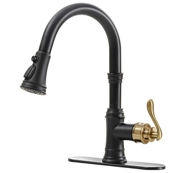 BWE Single-Handle Pull-Down Sprayer 3 Spray High Arc Kitchen Faucet With Deck Plate in Matte Black & Gold