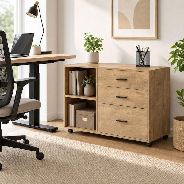 Atencio 3-Drawer Brown Wood 39.37 in. W Lateral File Cabinet with Open Storage Shelves and Adjustable Hanging Rail