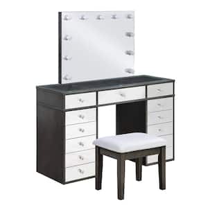 Dougou 3-Piece Gray Makeup Vanity Set with Mirrored panels, Lights, and Power Ports