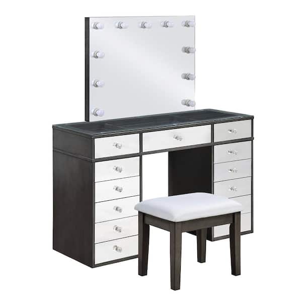 Dougou 3-Piece Gray Makeup Vanity Set with Mirrored panels, Lights, and Power Ports