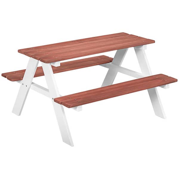 Unbranded Brown Wood 35 in. W x 35 in. L x 21.1 in. Kids Picnic Table Set with Wooden Table and 4-Seats, Outdoor Indoor Use