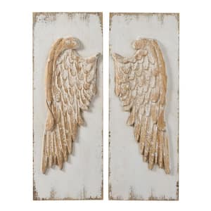 Anky Set of 2 Feather Wing Wall Panels with Distressed White Finish, Rectangle Hanging Wooden Wall Art