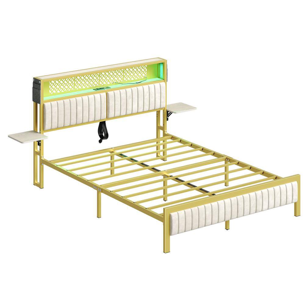 Off-White Queen Upholstered LED Platform Bed with Storage Headboard