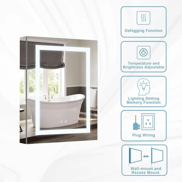 FORCLOVER 24 in. W x 30 in. H Rectangular Silver Aluminum Recessed/Surface Mount Medicine Cabinet with Mirror and Dimmable