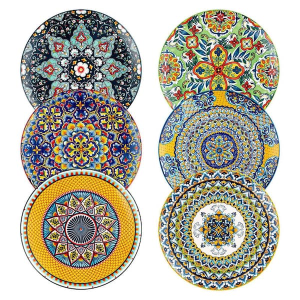 Set of 6 Large 10.5 in Ceramic Dinner Plates with Colorful Bohemian Hand-Painted Designs and Flared Rims