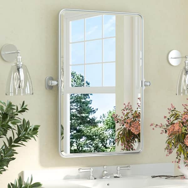 20 in. W x 30 in. H Rectangular Framed Bathroom Vanity Mirror, Tilt, Satin Nickel, Pivot Aluminum Wall Mount