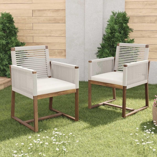 Miscool Anky White Wood Outdoor Lounge Chair with Beige Cushion (Set of 2)