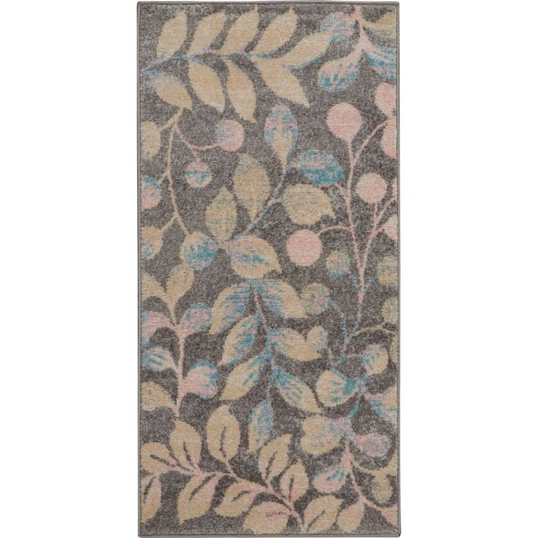 Tranquil Grey/Beige doormat 2 ft. x 4 ft. Floral Modern Kitchen Area Rug