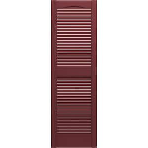 14-1/2 in. x 31 in. Lifetime Vinyl Standard Cathedral Top Center Mullion Open Louvered Shutters Pair Wineberry