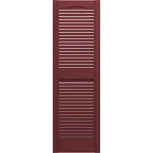 14-1/2 in. x 55 in. Lifetime Vinyl Standard Cathedral Top Center Mullion Open Louvered Shutters Pair Wineberry