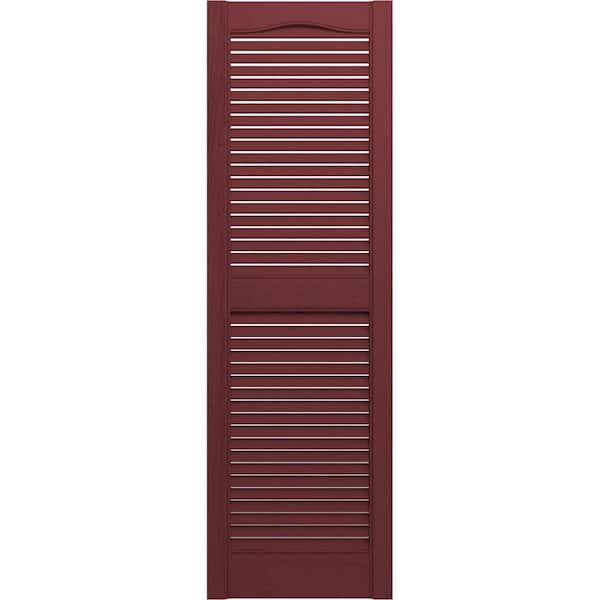 Ekena Millwork 14-1/2 in. x 60 in. Lifetime Vinyl Standard Cathedral Top Center Mullion Open Louvered Shutters Pair Wineberry