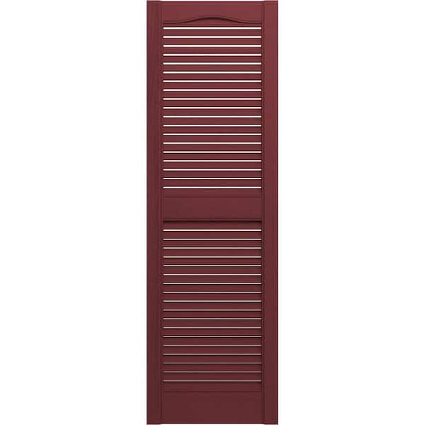 Ekena Millwork 14-1/2 in. x 75 in. Lifetime Vinyl Standard Cathedral Top Center Mullion Open Louvered Shutters Pair Wineberry
