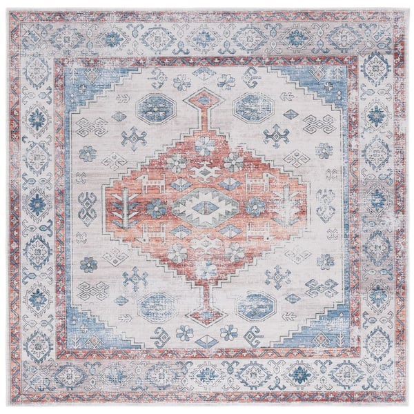 Arizona 6 ft. x 6 ft. Rust/Beige Machine Washable Distressed Ornate Border square Area Rug