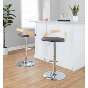 Grotto 32.25 in. Grey Faux Leather, Natural Wood and Chrome Metal Adjustable Bar Stool (Set of 2)