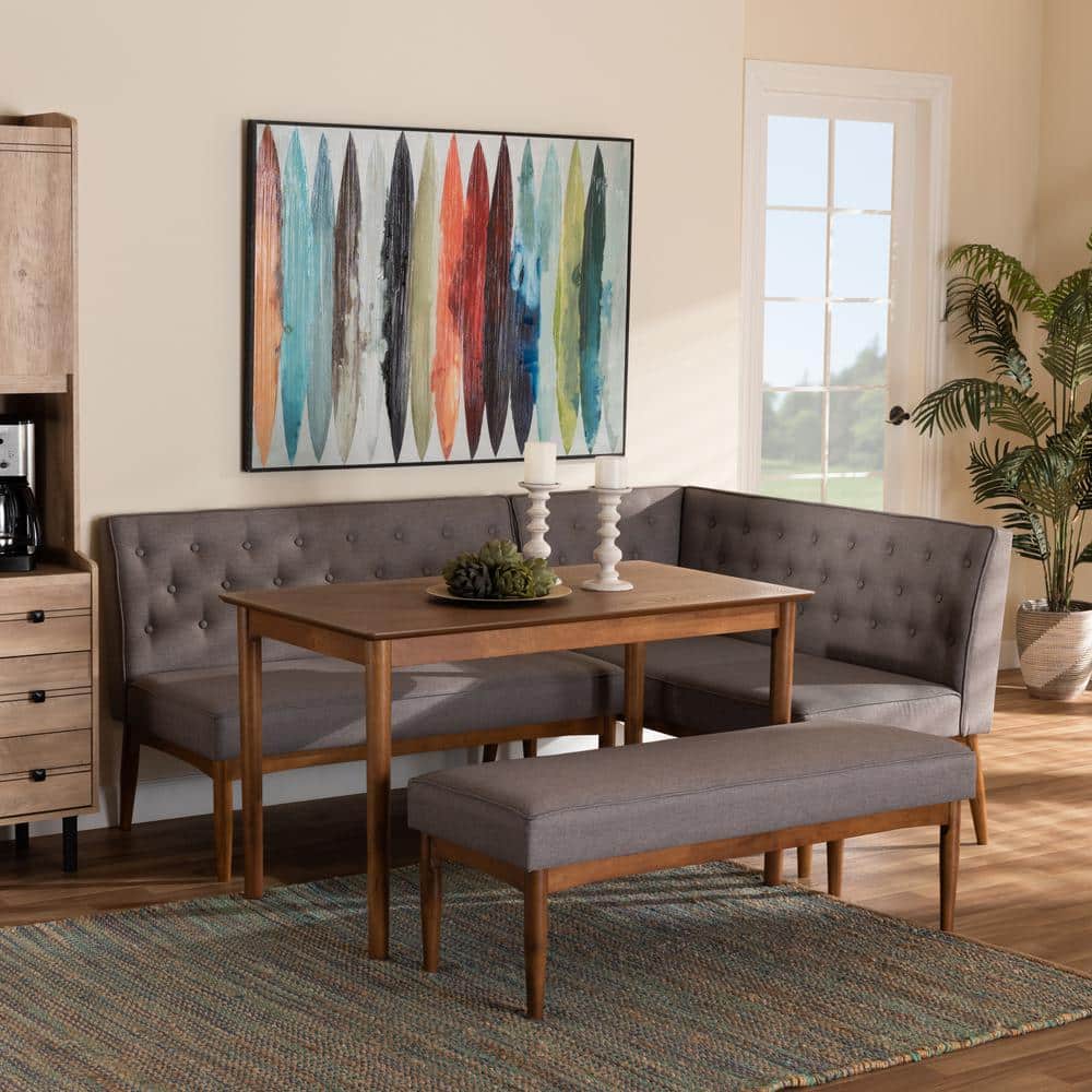 Riordan Mid-Century Modern Grey Upholstered Walnut Wood Dining Nook Set
