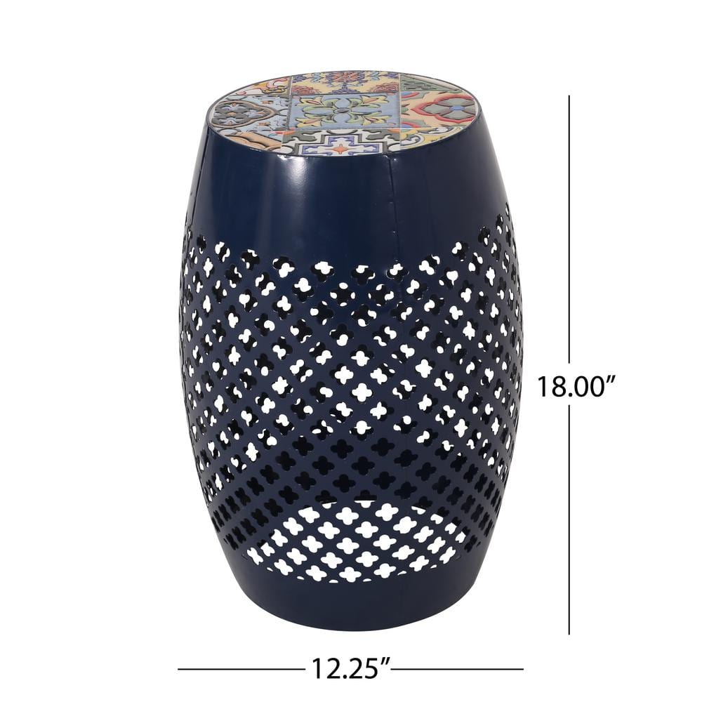 Kalyse Dark Blue Drum Outdoor Side Table with Multicolored Tile Mosaic Top