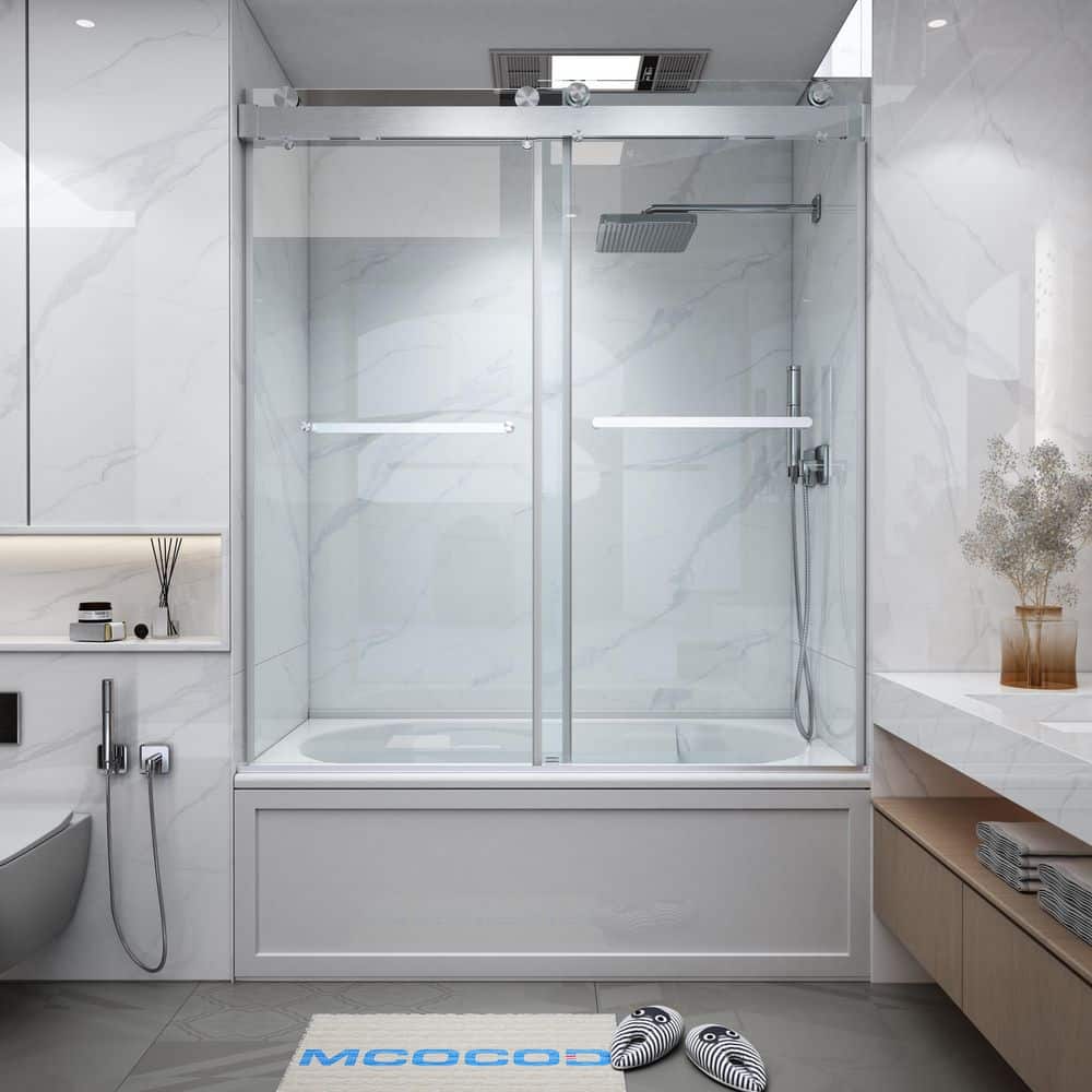 56-60.75 in. W x 60 in. H Double Sliding Frameless Soft Close Tub Door in Brushed Nickel with 3/8 in. Clear Glass price history on PriceWatchPro