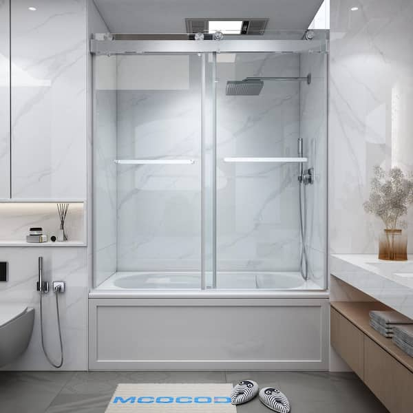 56-60.75 in. W x 60 in. H Double Sliding Frameless Soft Close Tub Door in Brushed Nickel with 3/8 in. Clear Glass