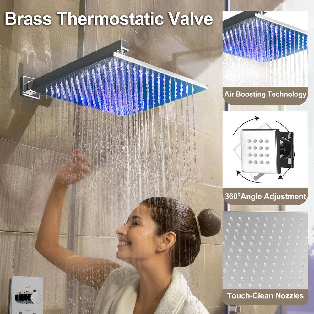 12 Inch Chrome LED Wall Mounted Rain Shower System with Handheld and Body Jets