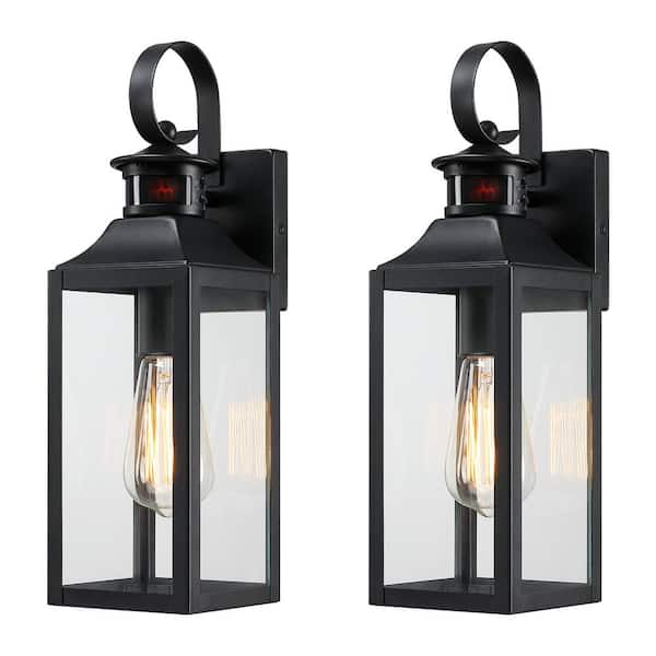 1-Light Black Motion Sensing Dusk to Dawn Outdoor Hardwired Wall Lantern Sconce with No Bulbs Included (2-Pack)