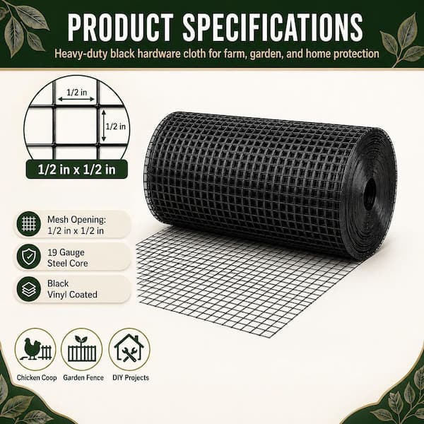 36 in. x 50 ft. 19-Gauge Animal-Safe Black Vinyl-Coated Wire Mesh with High Corrosion Resistance, 1/2 Grid