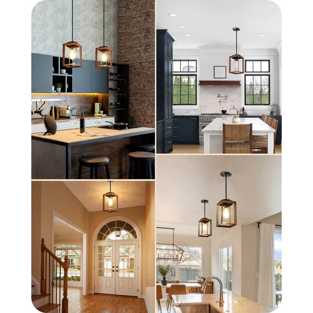 Bronze Rustic Farmhouse Wood Cage Pendant Light