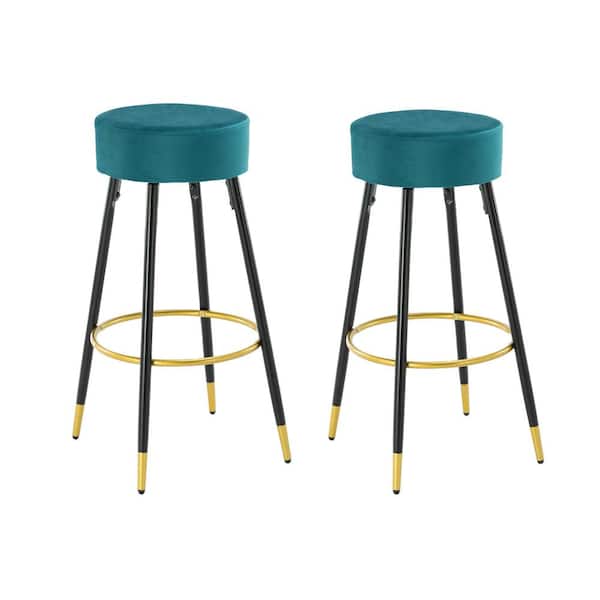 HOMEFUN 30 in. Teal Metal Frame Bar Stool with Velvet Seat (Set of 2)