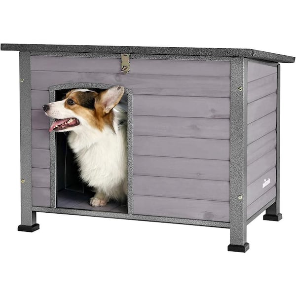 aivituvin Wooden Heavy-Duty Dog Crates House with Strong Iron Frame, Medium Size, Gray