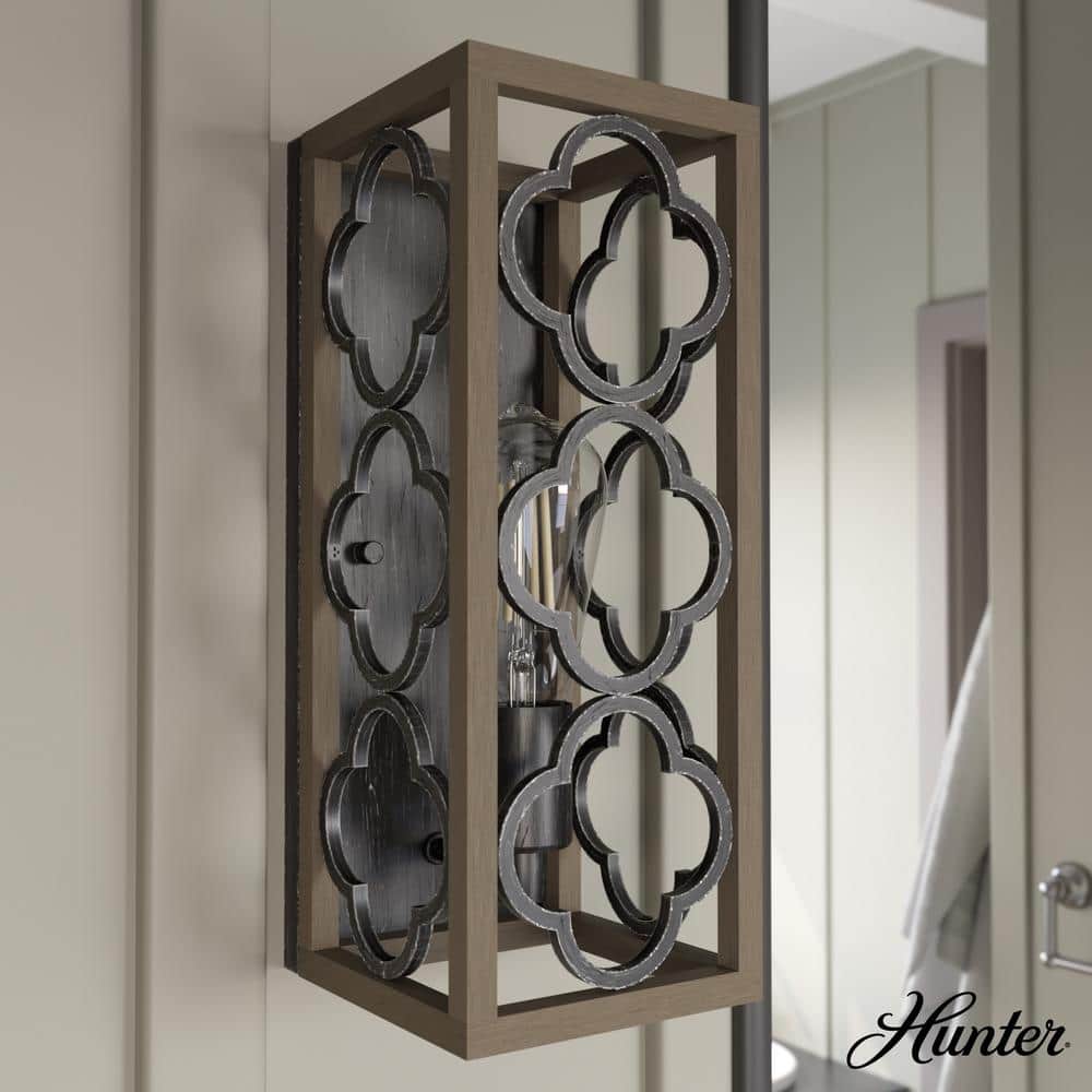 Gablecrest Black and Oak Iron Outdoor Wall Sconce
