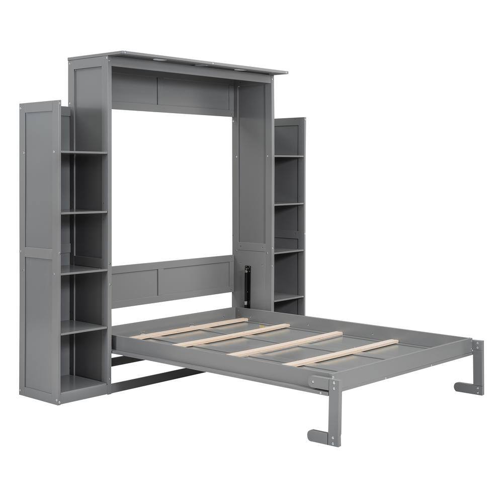 Gray Wood Frame Queen Size Murphy Bed Wall Bed with Storage Shelves and LED Lights - thumbnail 3
