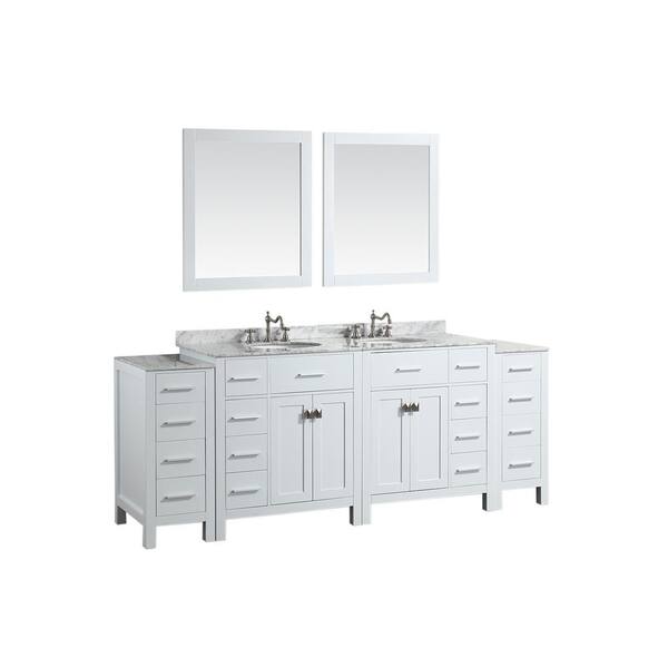 Bosconi Bosconi 87 in. W Double Bath Vanity in White with White Carrara Marble Vanity Top in White with White Basin and Mirror