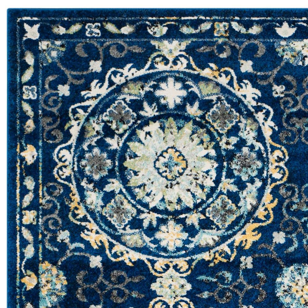 Navy and Ivory Floral Medallion 9' x 12' Area Rug