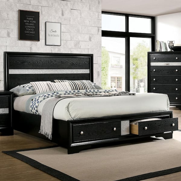Furniture of America Ekon Black Wood Frame Queen Platform Bed with 2-Foot Drawers
