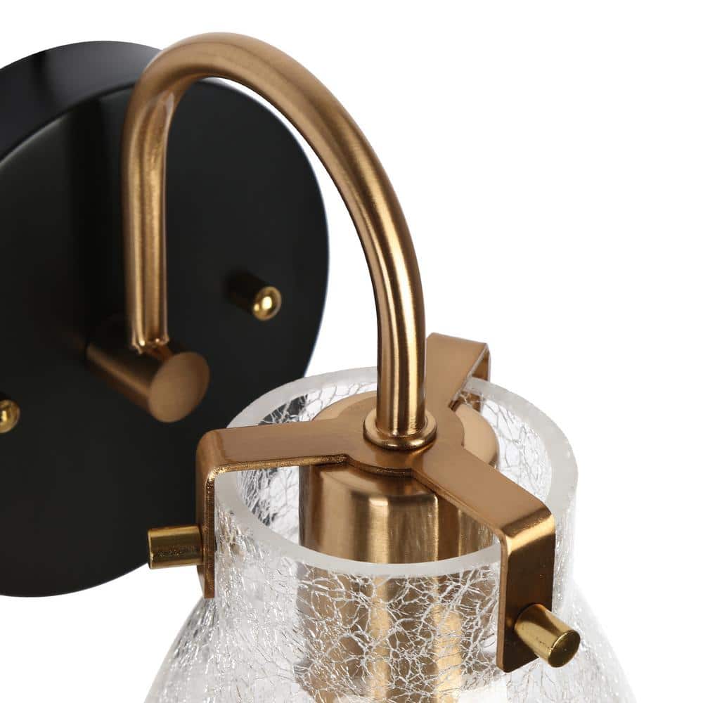 Matte Black and Gold Wall Sconce with Crackled Glass Shade