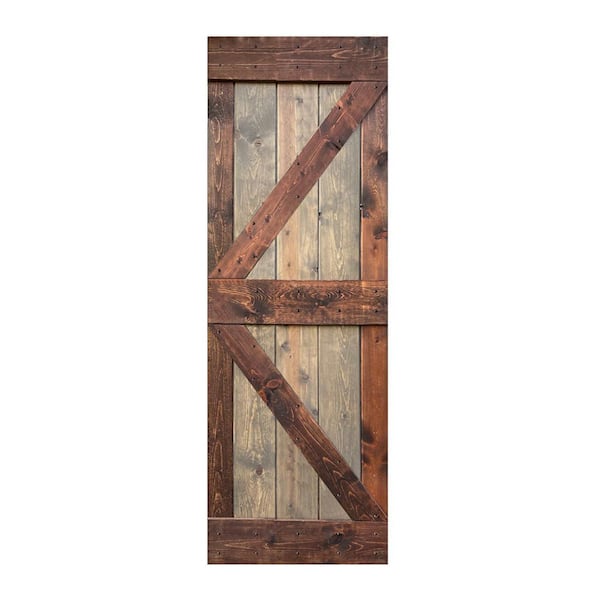 ISLIFE K Style 30 in. x 84 in. Brown/Walnut Finished Solid Wood Sliding Barn Door Slab - Hardware Kit Not Included