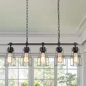 Modern Industrial Black Island Chandelier 5-Light Linear Large Hanging Pendant light with Geometric Metal Cage Shades